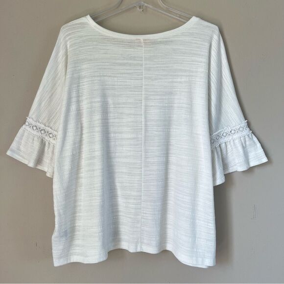 Ruby Rd. White Blouse Three Quarter Bell Crochet Lace Ruffle Sleeve SZ XL - Picture 2 of 12